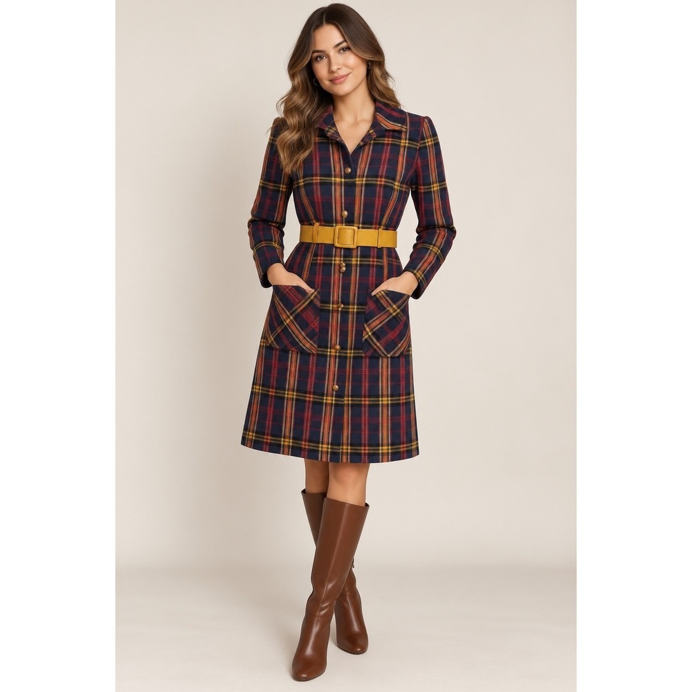 Vtg 70s Plaid Coat Dress Navy Red Yellow Belted Button Front Retro Preppy S?